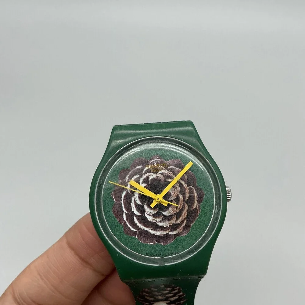 Swatch Pinezone Mens Watch 34mm Green Pinecone Plastic strap New battery